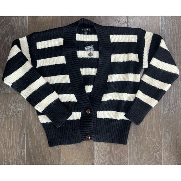 NWT Women's Medium Black White Stripe Sweater Cardigan Preppy Varsity Classic - Picture 1 of 5